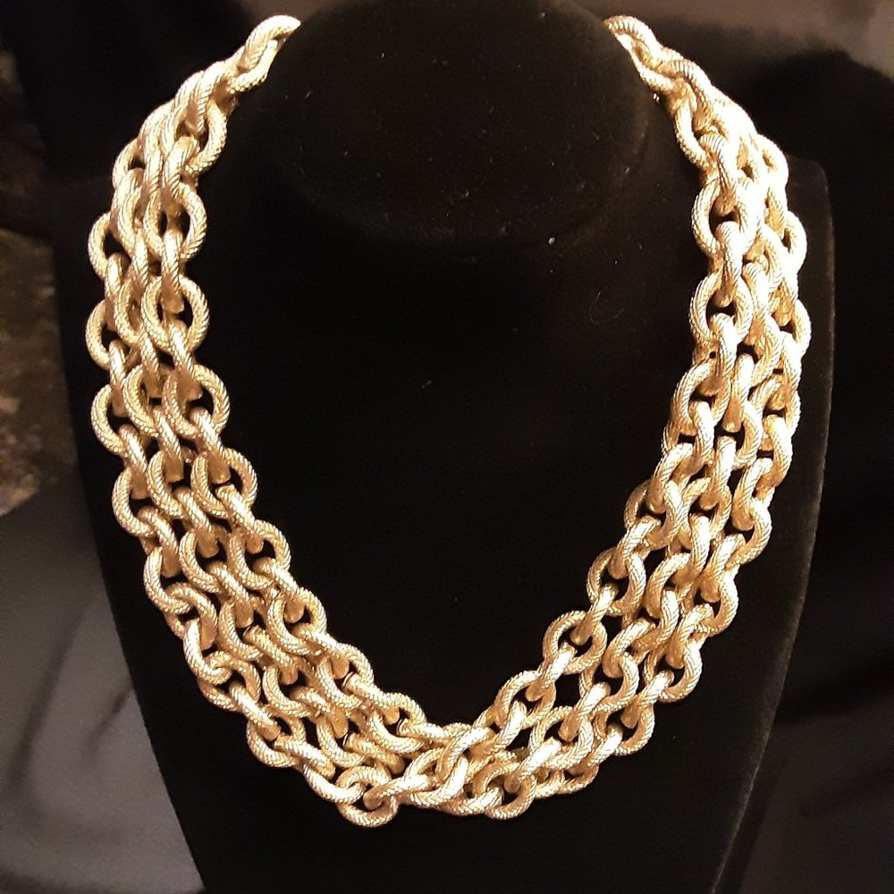 Chunky Multi-Strand Goldtoned Statement Necklace Signed LC FOREVER GOLD